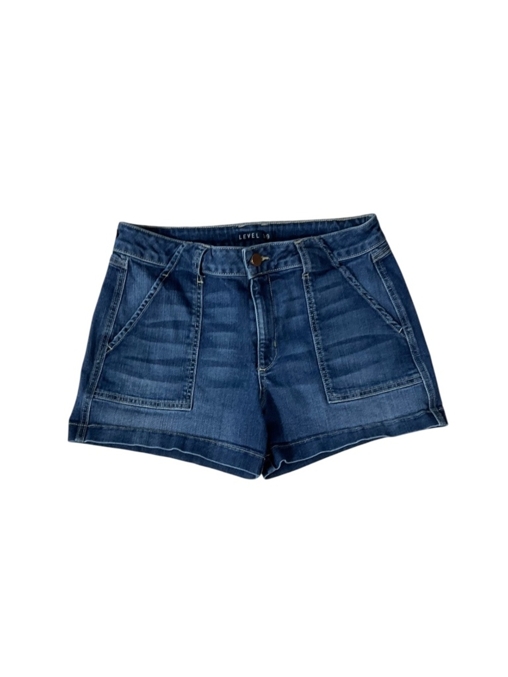 Level 99 Denim Jean Shorts Blue Utility Patch Pocket Stretch Size 28